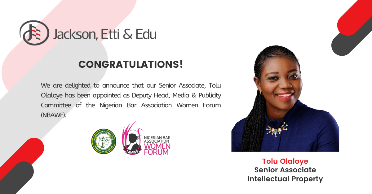 jeeafrica's tweet photo. We are delighted to announce that our Senior Associate, Tolu Olaloye has been appointed Deputy Head, Media &amp; Publicity Committee of the Nigerian Bar Association Women Forum (NBAWF).  #NBA #NBAWF #IP #IntellectualProperty #Media #Publicity https://t.co/JCvJBD3rql