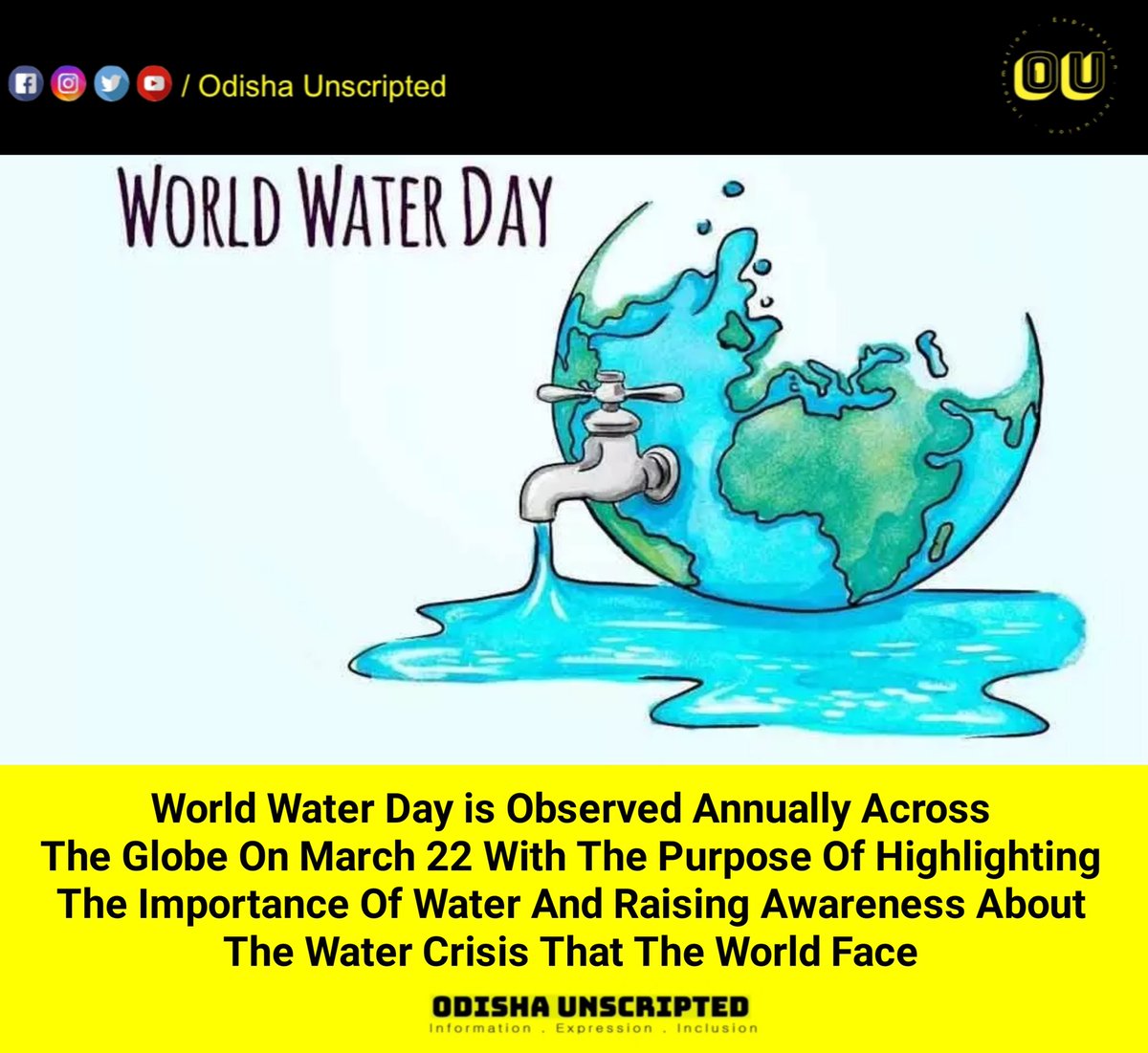 odisha_unscript's tweet photo. World Water Day is observed annually across the globe on March 22 with the purpose of highlighting the importance of water and raising awareness about the water crisis that the world face.
#odishaunscripted
#WorldWaterDay2021
#WaterIsLife https://t.co/dauC8qKPyR