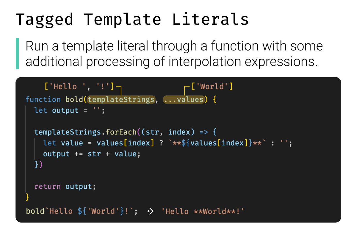 elmd_'s tweet image. New week, new #JavaScriptTip. Today:
๐ง๐ฎ๐ด๐ด๐ฒ๐ฑ ๐ง๐ฒ๐บ๐ฝ๐น๐ฎ๐๐ฒ ๐๐ถ๐๐ฒ๐ฟ๐ฎ๐น๐
Definitely add this one to your tool belt!
We can use this neat feature to create powerful and declarative APIs based on template literals.
Example in this ๐งต