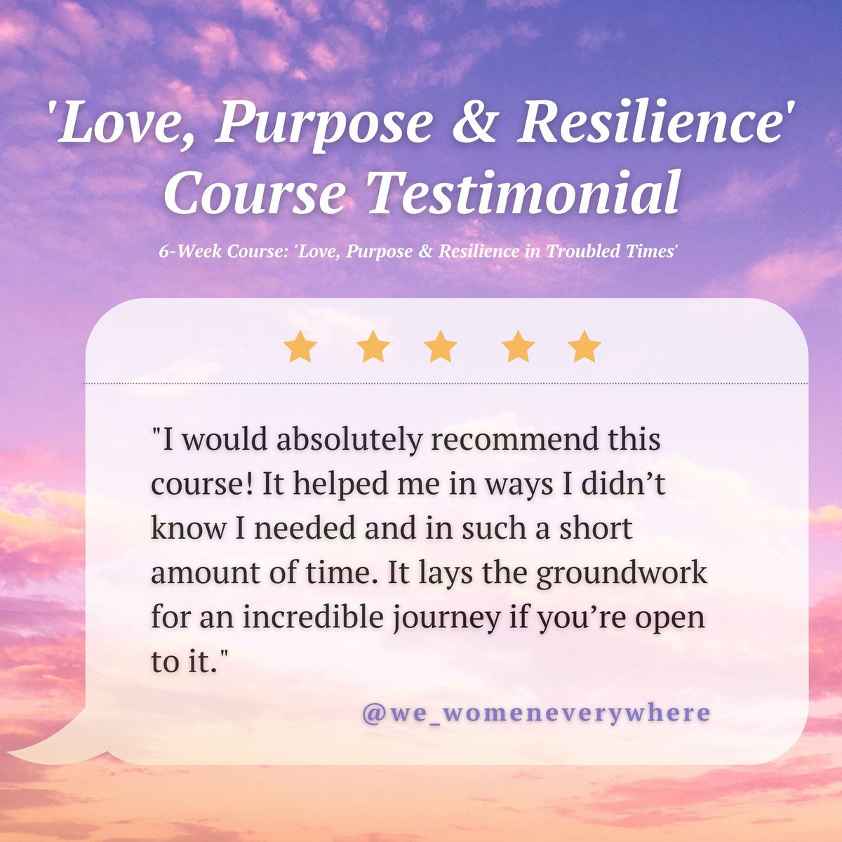 WeWomenTogether's tweet photo. Thank you for all the wonderful responses to our last course: Love,Purpose & Resilience in Troubled Times with co-author of WE @jenniferdnadel 🌟
⬆️ For more courses like this, click link in bio: https://t.co/4zLTFasHOW
#WeWorkshops #selfhelp #WeWomen https://t.co/sR9bbJEb4l