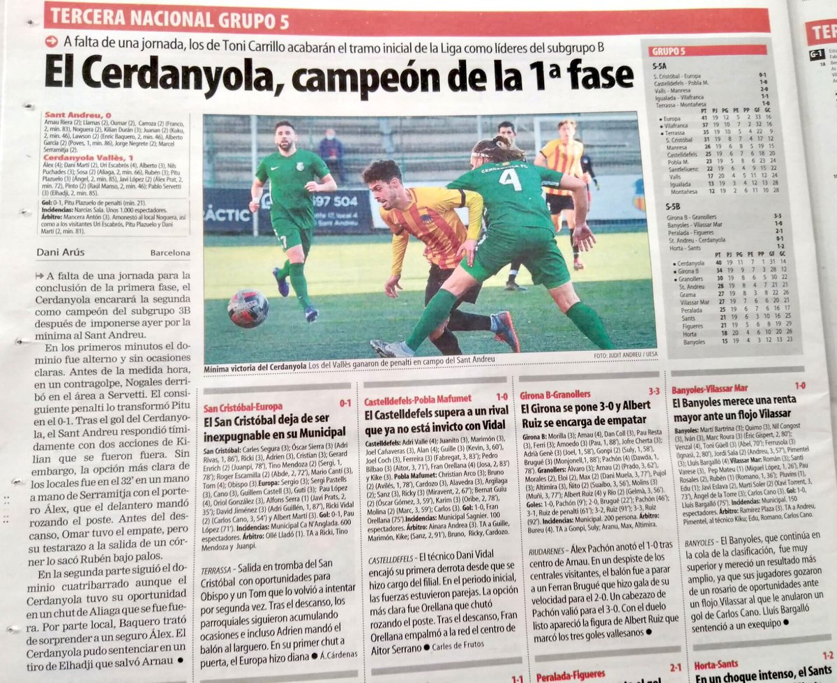CERDANYOLAFC's tweet photo. 📰👉 “El Cerdanyola, campeón de la 1ª fase” 

El @mundodeportivo es fa eco de la victòria del primer equip del Cerdanyola FC a la 1a fase! 

#3div5 #SomhiVerds #CFC https://t.co/HLxcfbdLmj