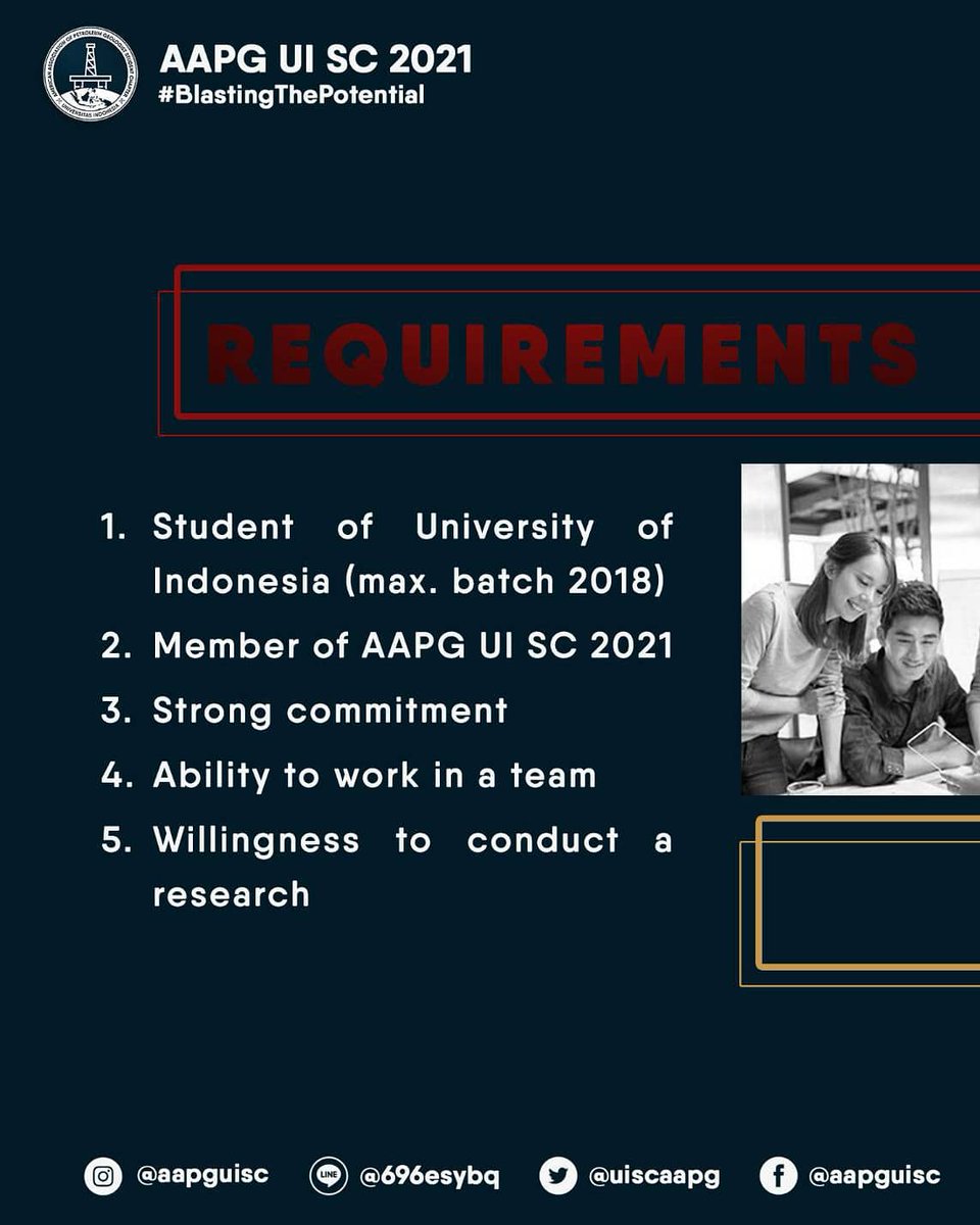 uiscaapg's tweet photo. [RESEARCH GROUP RECRUITMENT]

Hello, AAPG!

We are opening our recruitment for this year's AAPG Research Team. There will be tons of benefits so be sure to sign up!

Contact Person:
089508243307 (Ruth)
LINE :
@remmanuellapsss (Ruth)

AAPG UI SC 2021
#BlastingThePotential https://t.co/pXwz7oIF9L