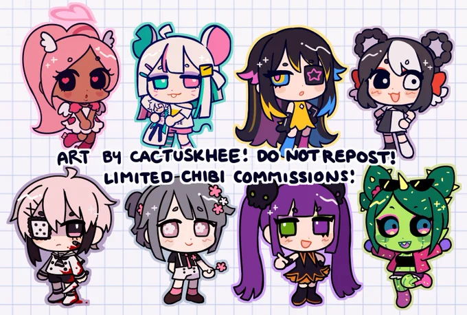 opening very limited chibi comms! 
5 slots! 30 usd for 1 or 50 for 2   
oc/fanart ok (personal use only)
please email me at cactuskhee@gmail.com to claim ty~ 