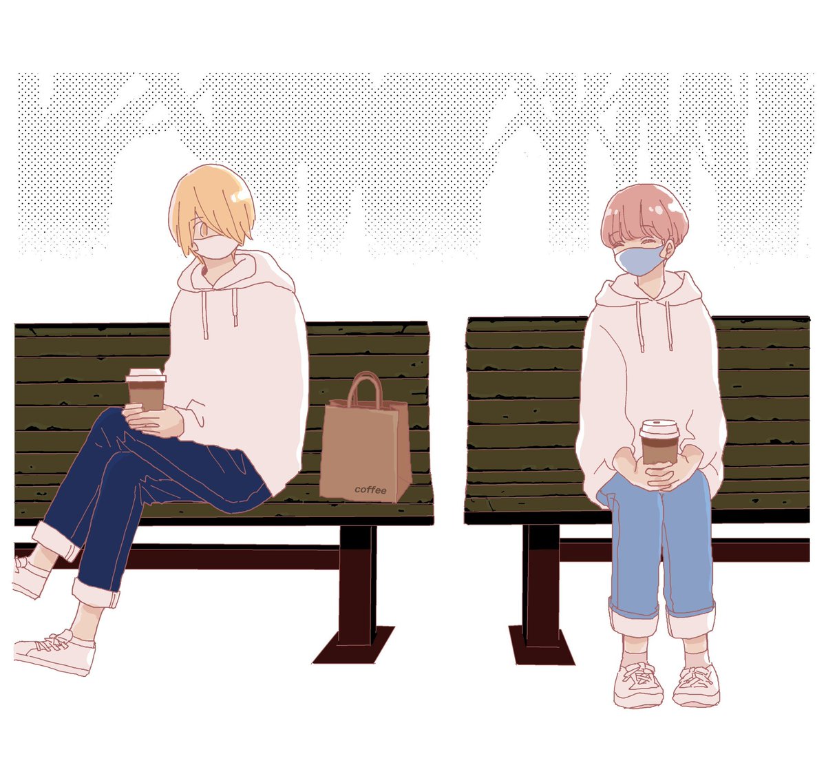 disposable cup sitting bench hood blonde hair mask hoodie  illustration images