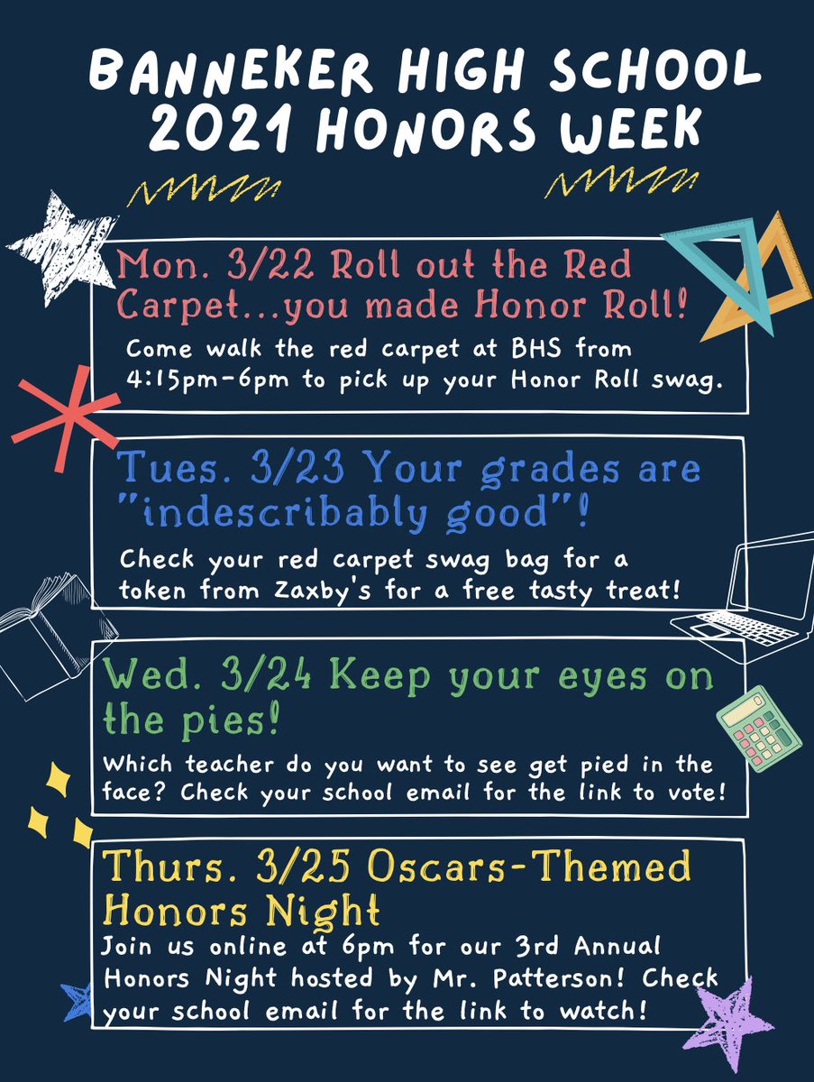 Banneker_HS's tweet photo. Get excited for #HonorsWeek at Banneker High School!!! Check out our celebration schedule &amp; join us today from 4:15pm-6:00pm for our socially distanced #RedCarpetRollout on the front lawn! Congrats to all our Honor Roll Awardees @JasonStamperFC1 @FultonCoSchools @BHSCounseling1 https://t.co/Mhhg13d805