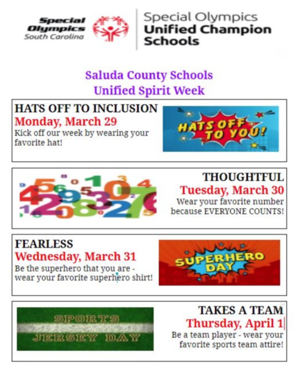 SaludaCounselor's tweet photo. @SaludaHigh and @saludaschools will be hosting a #UnifiedSpritWeek, next week, to honor and celebrate our @SpecialOlympics athletes! Please be advised of each theme day &amp; get ready to rock for #Inclusion! #SHSTigerPride #OneSaluda #InclusionRevolution https://t.co/rDouoBvPxs