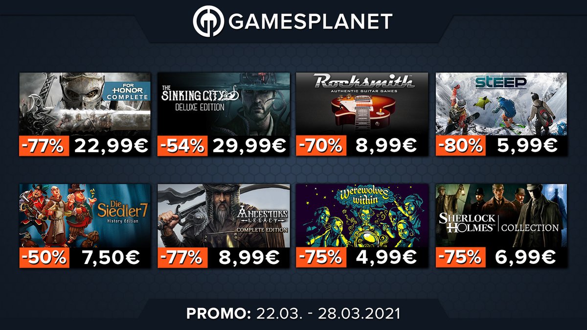 gamesplanet_com's tweet photo. Neue Wochenangebote mit #TheSinkingCity (kurzzeitig sogar mit 62% Rabatt!), #AncestorsLegacy und #ForHonor. 39 Weekly Deals – ab sofort auf Gamesplanet.
🔥 https://t.co/EfVzxl2fEy
#Steep #SherlockHolmes #DieSiedler #UNO #Necrovision https://t.co/DcZWFt17JA