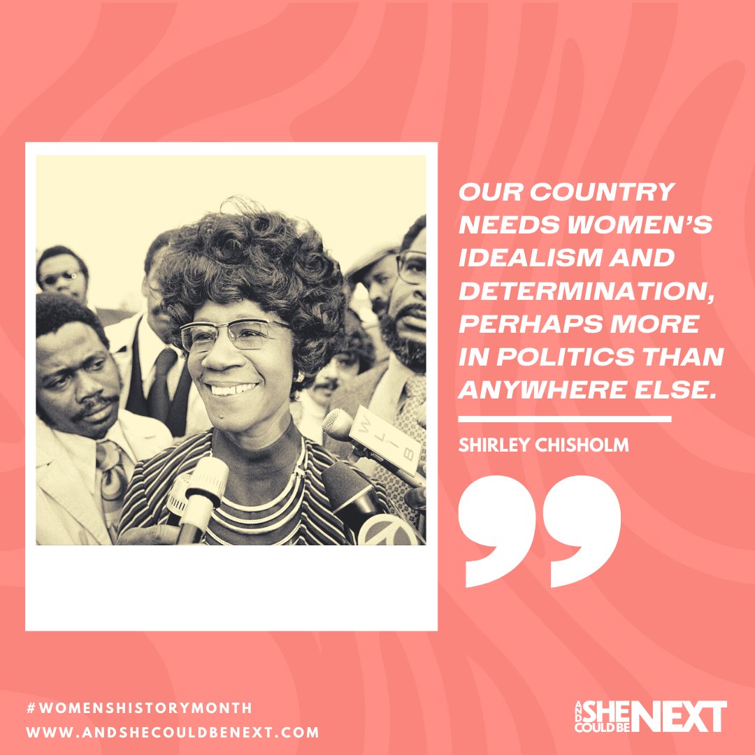 Shecouldbenext's tweet photo. Shirley Chisholm
1st Black woman elected to Congress
1st Black woman to seek the Democratic Presidential nomination Introduced 50+ pieces of legislation
Motto was Unbossed and Unbought
Co-founder of the National Women’s Political Caucus
#WHM #ASCBN #AndSheCouldBeNext https://t.co/MCCx0NJsSW