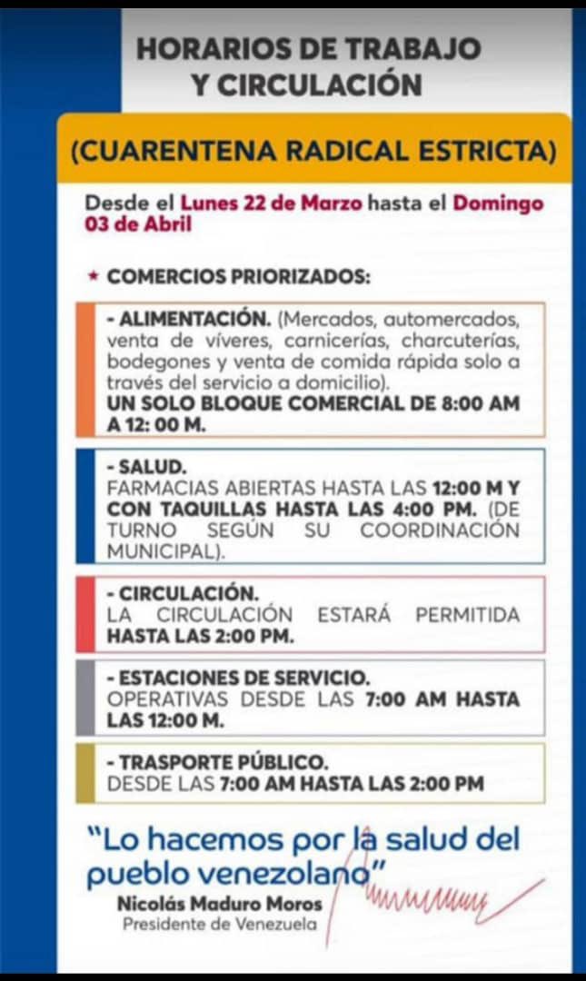 LaFloridaCcs's tweet photo. Les dejo acá a toda la comunidad los horarios de trabajo y circulación por el ejecutivo nacional ..!!!!!        Horarios de trabajo y circulación (CUARENTENA RADICAL ESTRICTA) Desde el lunes 22 de Marzo hasta el Domingo 03 de Abril https://t.co/pQ1pNIvWHB