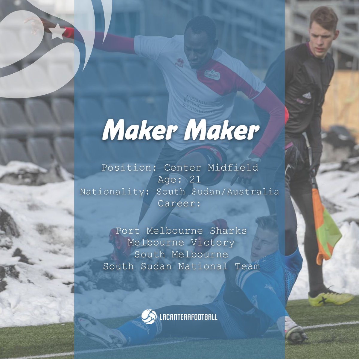 LCFootballAU's tweet photo. 🆕 #LCFPlayer ⁣⁣⁣
⁣⁣⁣
👤 Maker Maker 
🛡 Port Melbourne Sharks 
⚽ Center Midfield ⁣⁣⁣
🇸🇸 / 🇦🇺 ⁣⁣⁣
⁣⁣⁣
✍🏻 Welcoming the newest addition to the #LaCanteraFootball family. 

⚽ We are delighted to have you on board and wish you all the best Maker! https://t.co/wr5JBTEdOA