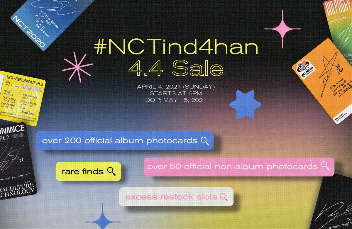 nctindahan's tweet photo. The final boss of #NCTind4han 4th anniversary celebration is here. 🤩 Get ready for our much-awaited 4.4 Photocard Sale!

Sale mechanics will be the same as #NCTinda1010Sale so set up those tag teams before d-day! 🙇🏼‍♀️

Lineup teasers will be posted soon. Peep the DOP below. 👀 https://t.co/YhXITyrwgx