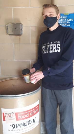 EdenHighDSBN's tweet photo. Be like Steven! Peanut butter is a great source of protein and always in high demand at the Community Care Food bank. This week is your last chance to donate to Edenโs Food Drive. #fillthebins #ourcommunitycares @communitycarest https://t.co/JQHYYCj82d