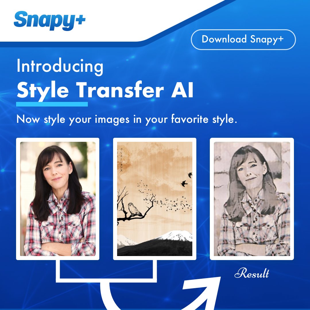 SnapyInc's tweet photo. Excited to announce the launch of Style Transfer AI in our Snapy+ application. 

Style Transfer AI - Apply styles to create cool images.

Download the app now: https://t.co/T30b8aHp3X
.
.
.
#snapy+ #detectobjects #removebackground #enhanceimage #getpaidtosnap https://t.co/1VrNzxcUKD