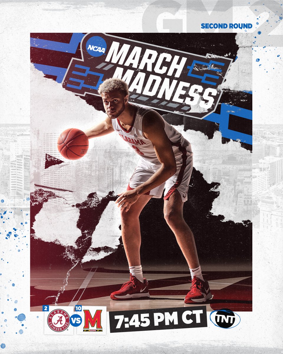 AlabamaMBB's tweet photo. Round 2⃣ 🐘🏀

🆚Maryland
🏆#MarchMadness 
📍Indianapolis | Bankers Life Fieldhouse
⌚️7:45 p.m. CT/8:45 p.m. ET
📺TNT
📻@UA_CTSN

#RollTide | #BlueCollarBasketball https://t.co/8GnnzPqFDf