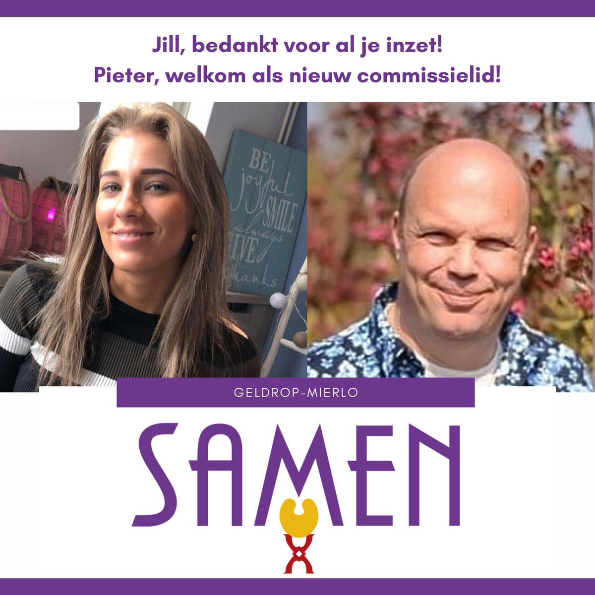 Samen_GM's tweet photo. Vanavond wordt Pieter van de Vossenberg geïnstalleerd als commissielid van SAMEN. Helaas moesten we afscheid nemen van Jill Martens omdat ze in een andere gemeente gaat wonen. Jill, heel veel dank voor je inzet! En Pieter, veel succes! #wegaanhetSAMENdoen #SAMENvoordetoekomst https://t.co/gCr7KNOpg8