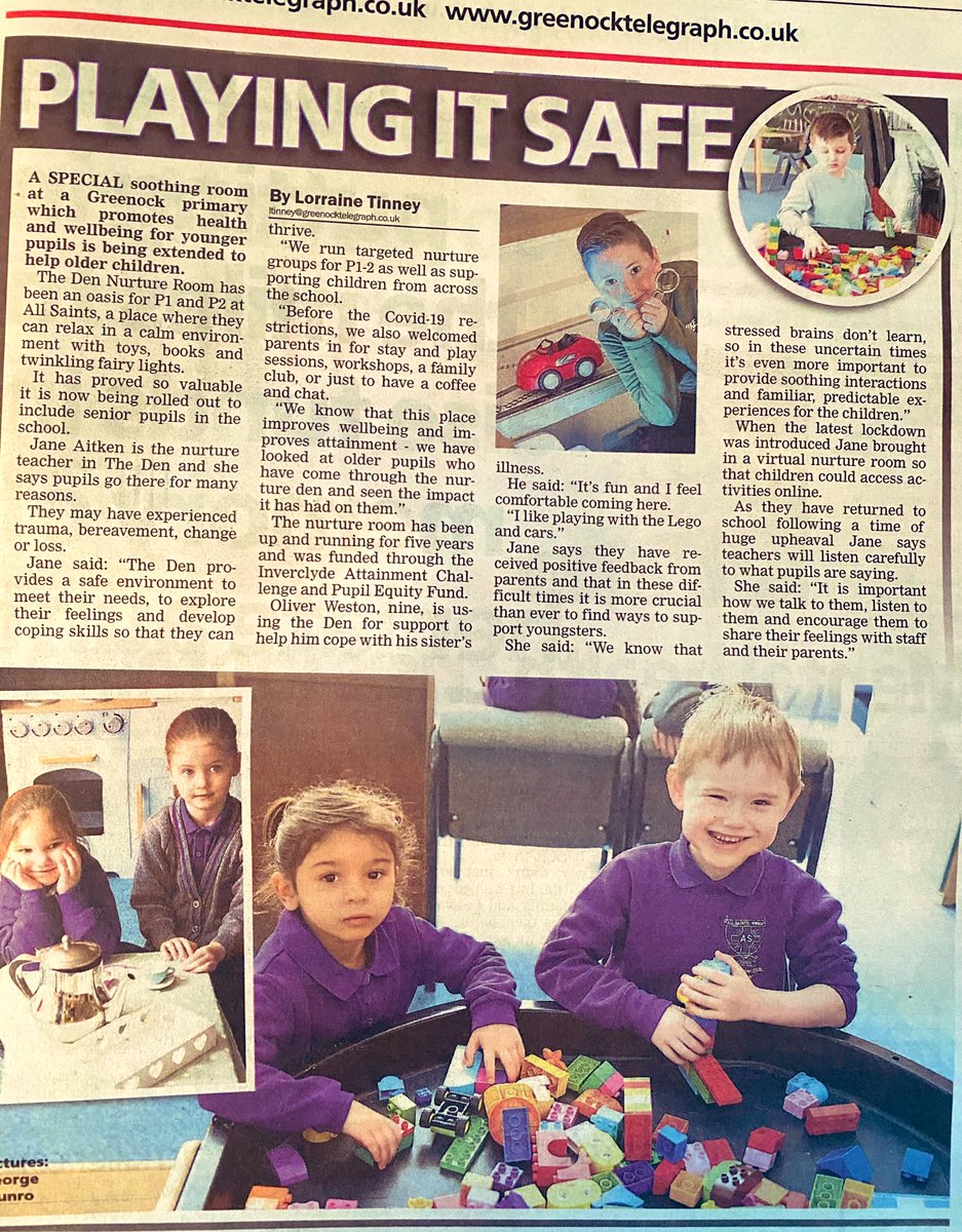 Nice article in <a href="/greenocktele/">Greenock Telegraph</a> today. Wee edit to add we’ve always included senior pupils in our nurture programmes, but now the whole school follows nurturing approach in every class. Also, as well as a virtual room during lockdown, we kept The Den open for some children. 📰 ❤️