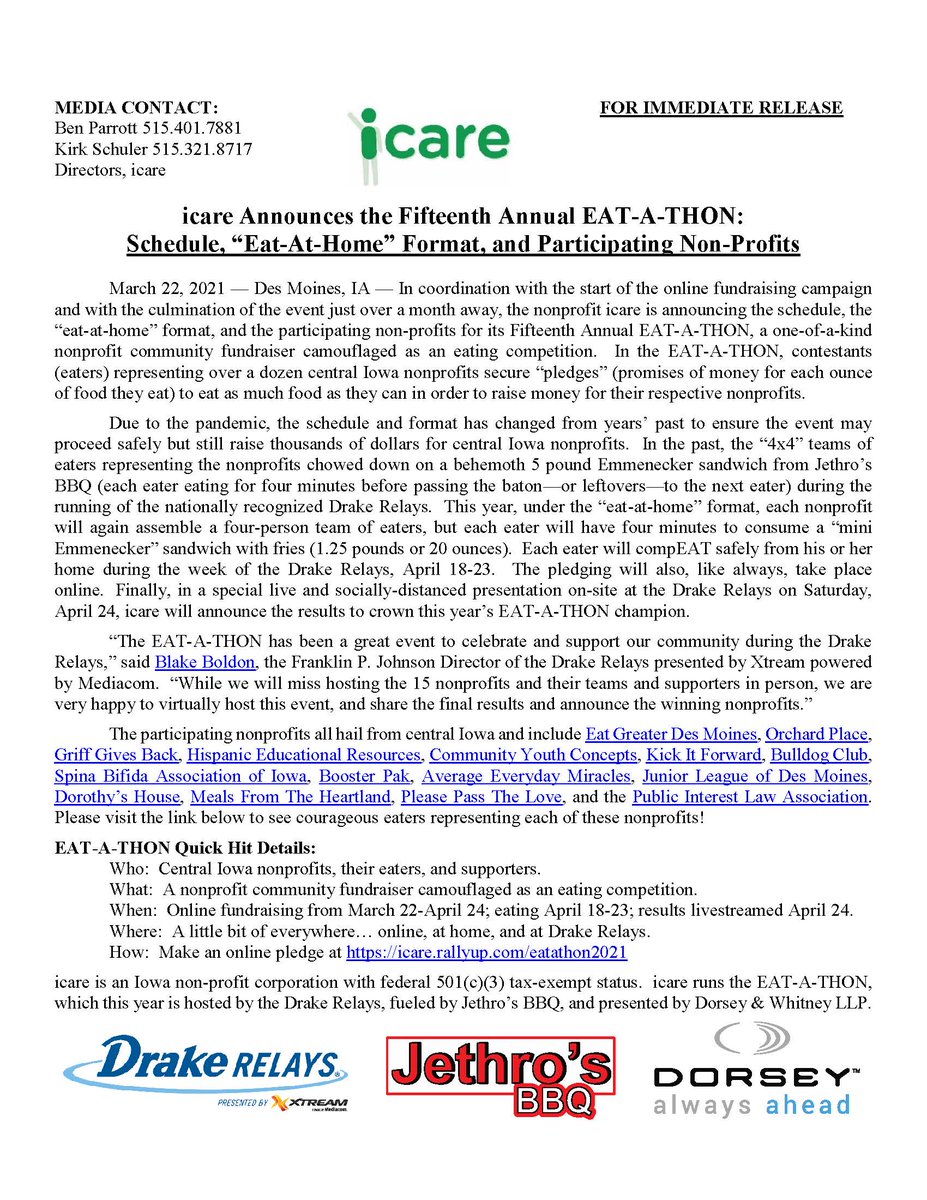 The 2021 "eat-at-home" eat-a-thon has officially begun with the start of the pledge campaign today!  Check out the presser below and make a pledge here:
icare.rallyup.com/eatathon2021/C…
