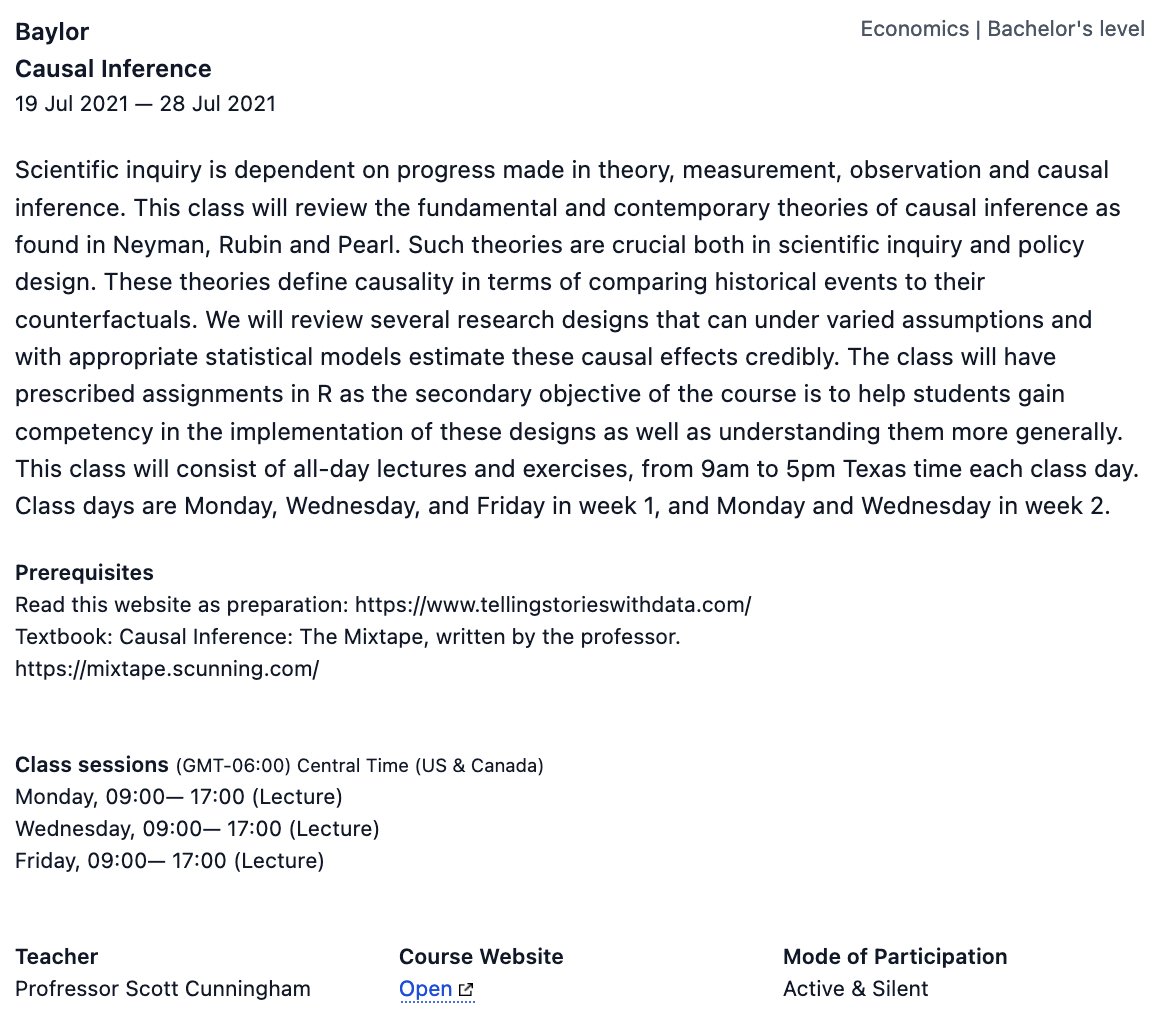 jhaushofer's tweet photo. Please RT!

I'm beyond excited that we have our first *exclusive* class on https://t.co/Ucw9n41YqG: 

The one and only Prof. Scott Cunningham @causalinf is offering a two-week course on Causal Inference for students from low- and middle-income countries in July!! https://t.co/Nq2hKP8KPL