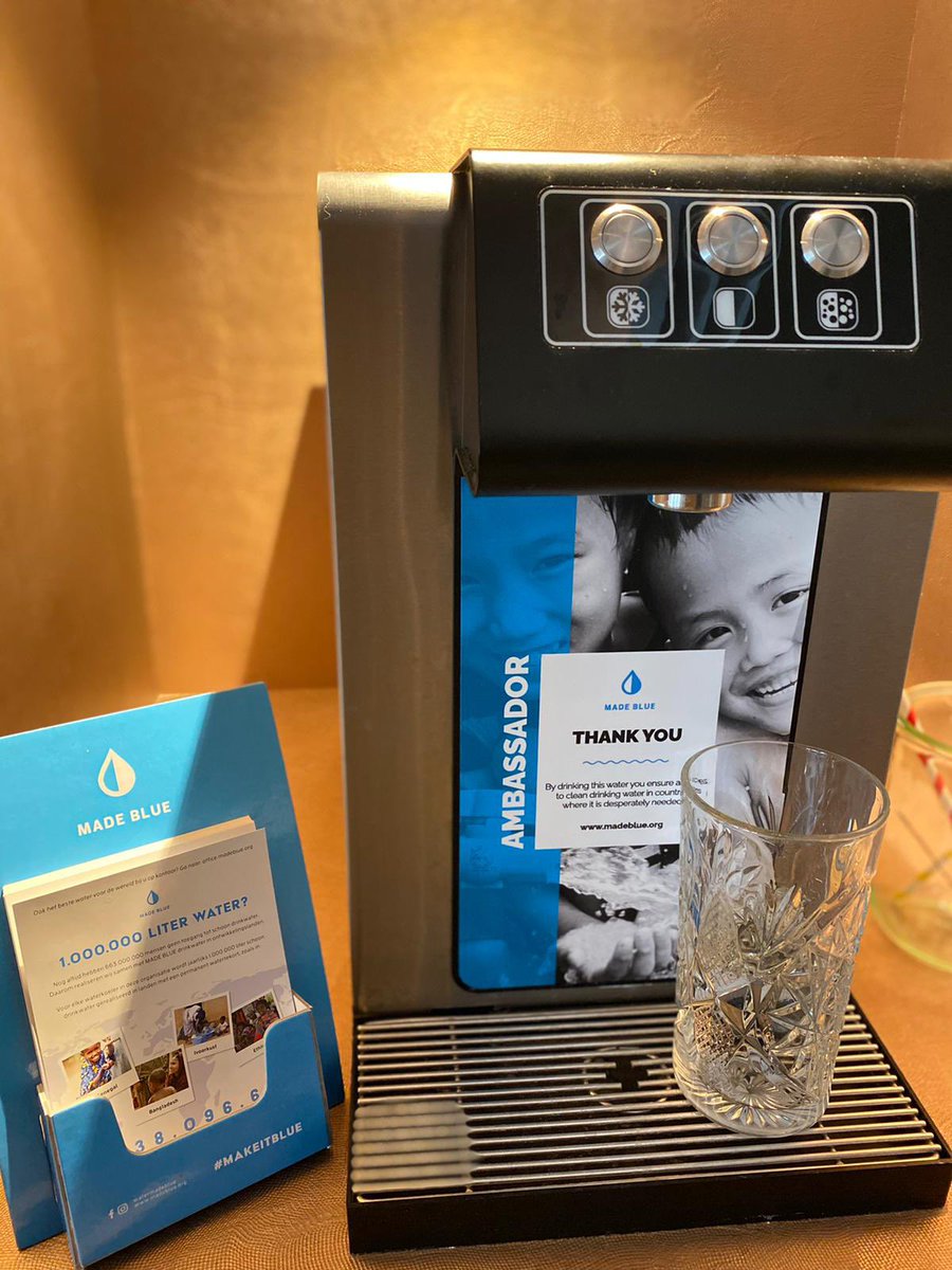 Vandaag is het #WereldWaterDag 🚰
Graag vragen wij daarom extra aandacht voor #MadeBlue! Hun missie “schoon #drinkwater voor iedereen". In het #hotel hebben wij diverse #watertaps staan; voor elke getapte liter water wordt er ook een liter water gedoneerd!
#GreenKey #mvo