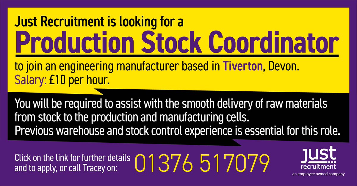 #Production #Stock #Controller wanted in #Tiverton, #Devon.

Click on the link for further details and to apply: bit.ly/ProductionStoc…
Or call 01376 517079.

#manufacturingUK #tiverton #tivertonjobs #devonjobs #jobsearch #jobhunt #employeeowned