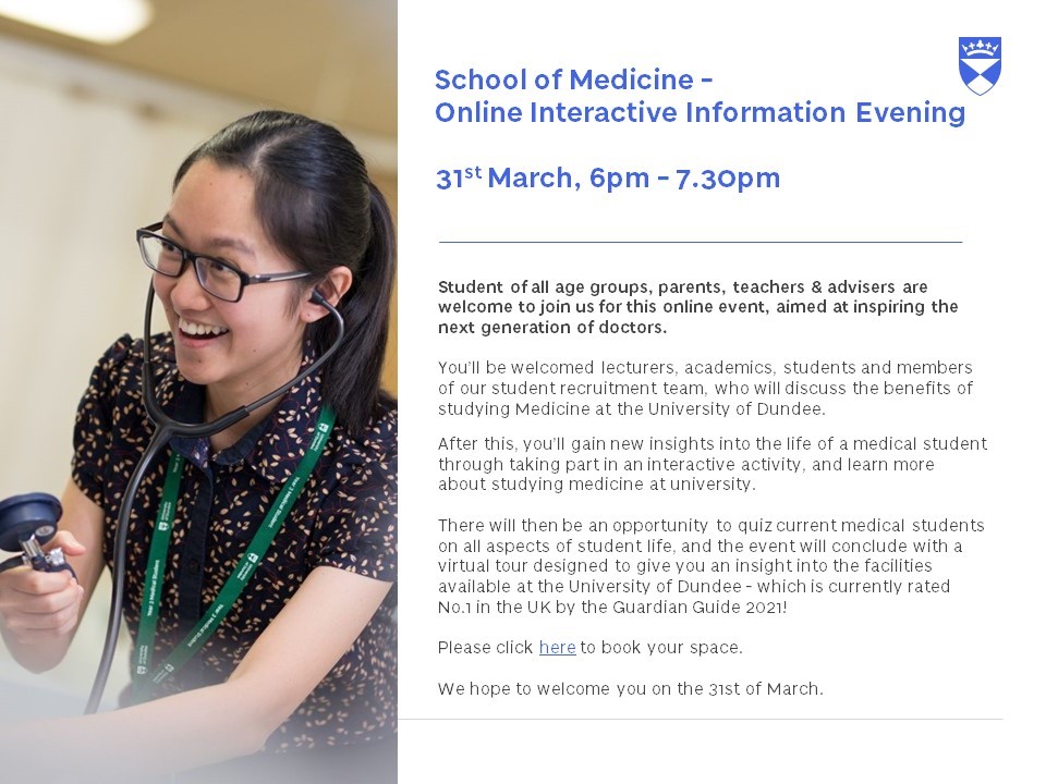 montrose_acad's tweet photo. If any pupils are interested in studying Medicine at University see details below about a Dundee University online information evening. For more info and to book a place follow the link https://t.co/Xb6BuEKGfe https://t.co/xTB49Yb9Kv