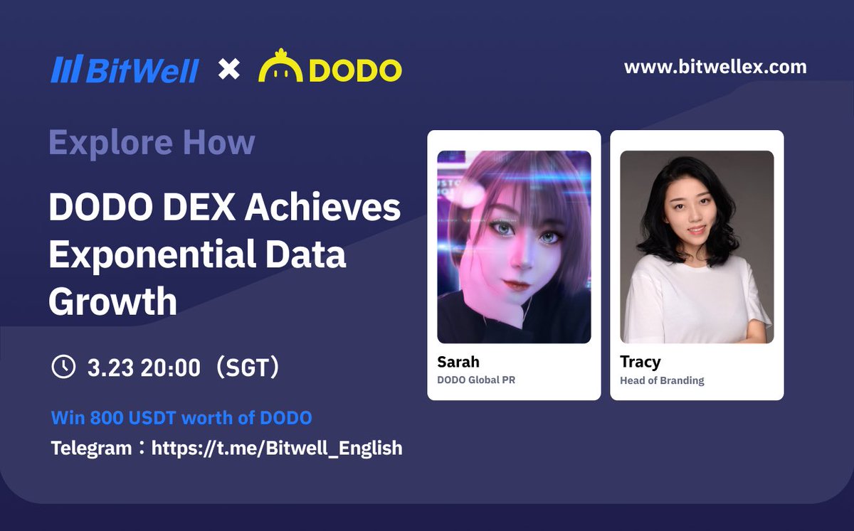 BitwellGlobal's tweet photo. March 23 19:00 (GMT+8)

#BitWell invites Sarah, DODO Global PR,to join an AMA with our Head of Branding Tracy.

Telegram: https://t.co/28oqeOKak4

Retweet to get into a lottery, 10 winners will be rewarded by 10 USDT For airdrop.@BreederDodo https://t.co/ll2w7Yg07S