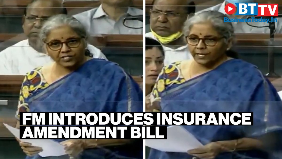 business_today's tweet image. FM @nsitharaman introduces #Insurance (Amendment) Bill 2021 in #LokSabha #insurancebill #insurancesector #NirmalaSitharaman #FDI 
Video Link: bit.ly/393P7Yd