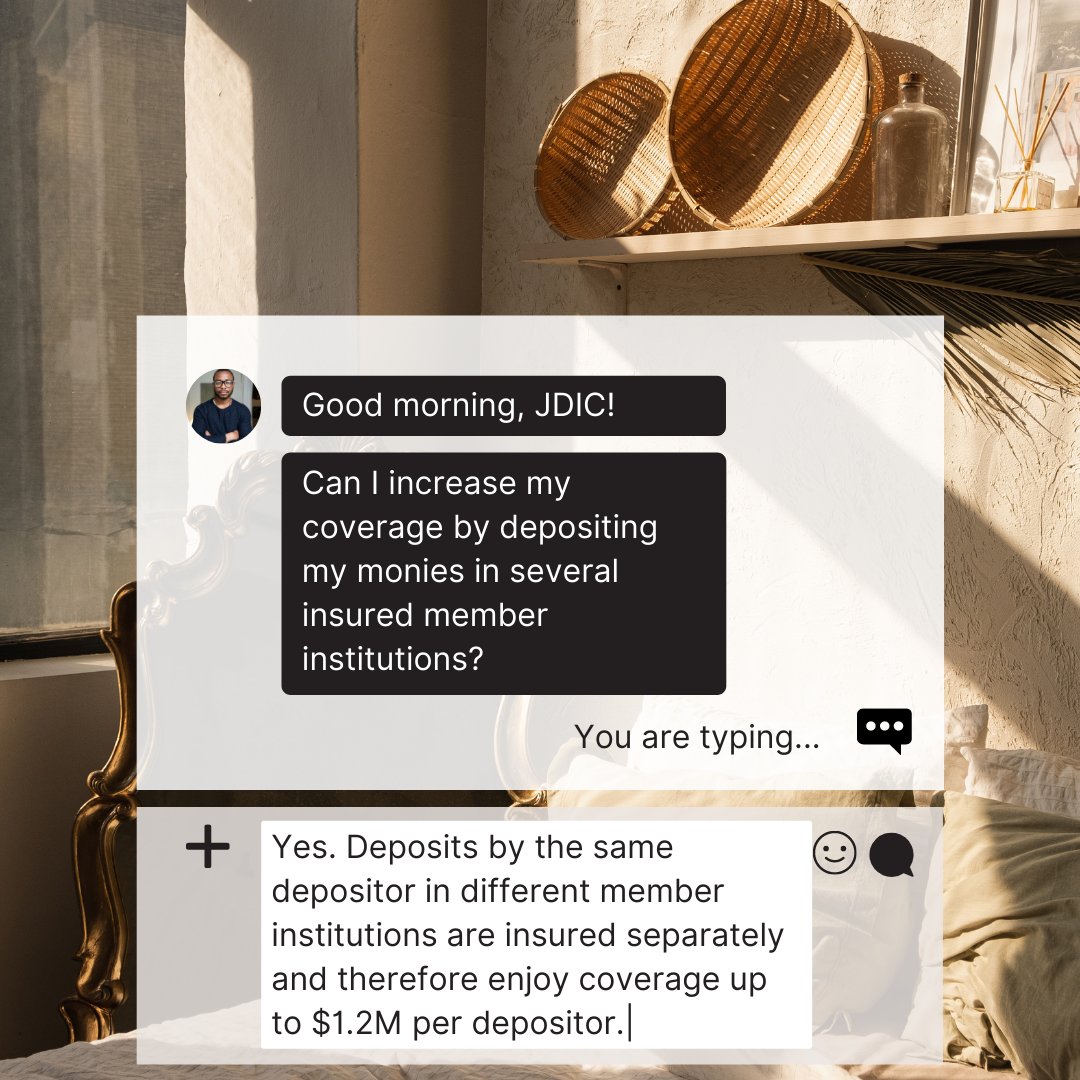 JDICJam's tweet image. However, to gain this additional protection, deposits must be held in a separate institution and not different branches of the same financial institution.

Send us your questions!

#JDIC #JDICJAM #DepositInsurance #protectingDepositsForYouAndMe