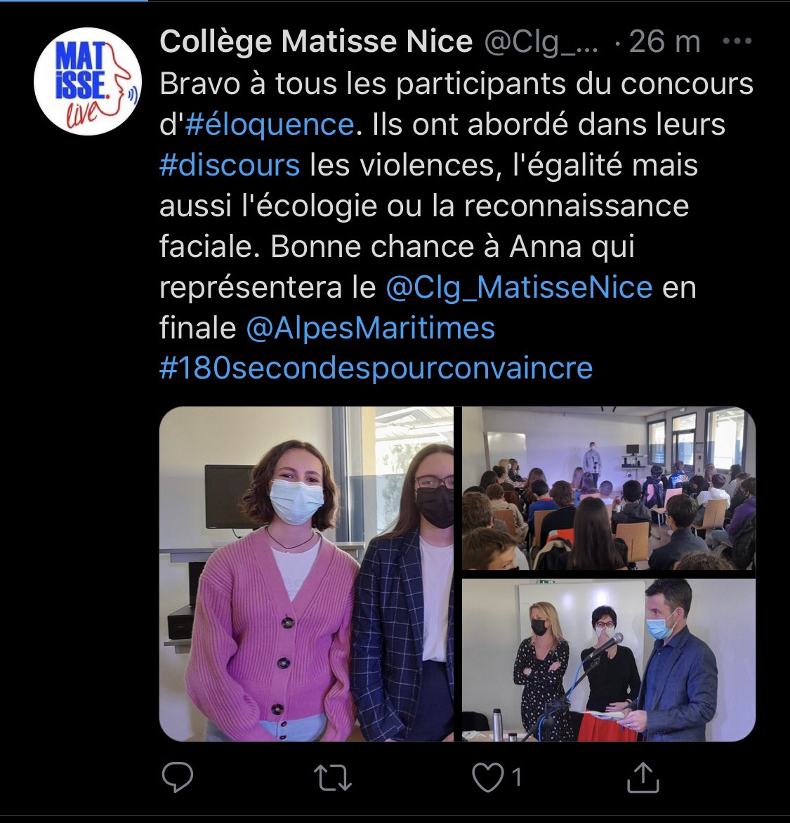 Fcpe06's tweet photo. 🗣 BRAVO Anna 🥳 grande gagnante du #concoursdeloquence qui représentera le @Clg_MatisseNice au @TheatredeNice !👍👏👏
Un GRAND BRAVO à tous les élèves qui ont participé à ce très beau projet 😉👍👏 #MatisseLive
#CollegeHenriMatisse #180secondespourconvaincre @AlpesMaritimes https://t.co/lxTzB9nQ1Q