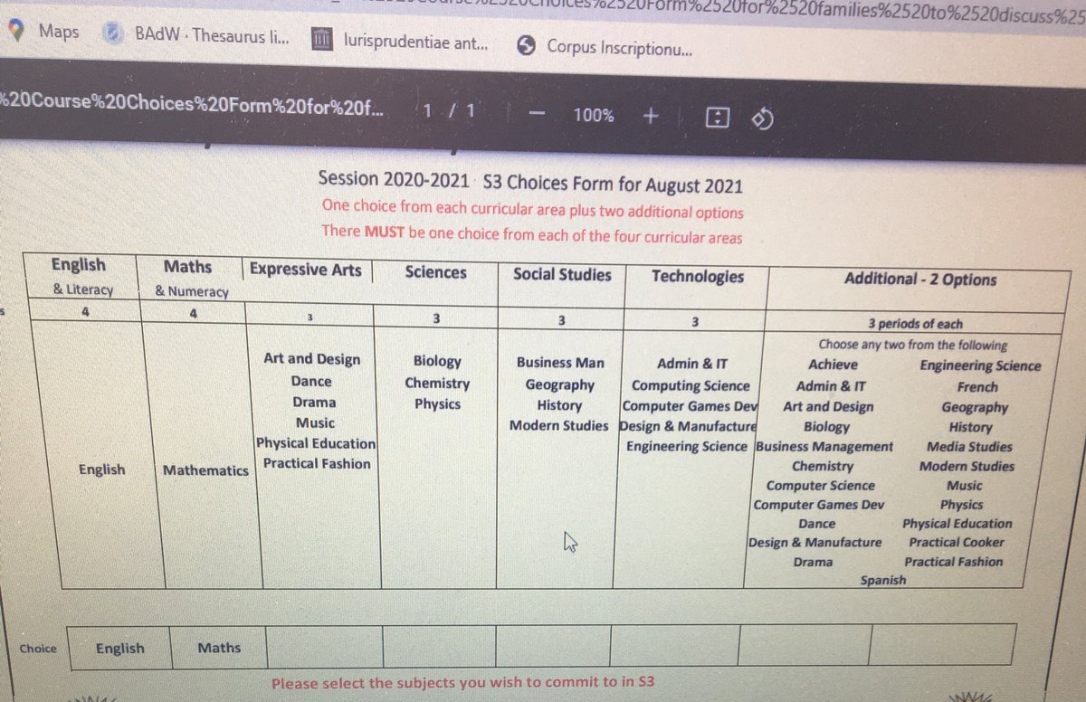 jamieatyoung's tweet photo. My son’s picking his subjects for National 5s next year. The only subjects *not* to go in a compulsory column are Cookery, Spanish &amp; French. If the curriculum explicitly places a lower value on modern languages, what hope has #Latin got of getting back in the classroom? https://t.co/qe4uqJy6oV