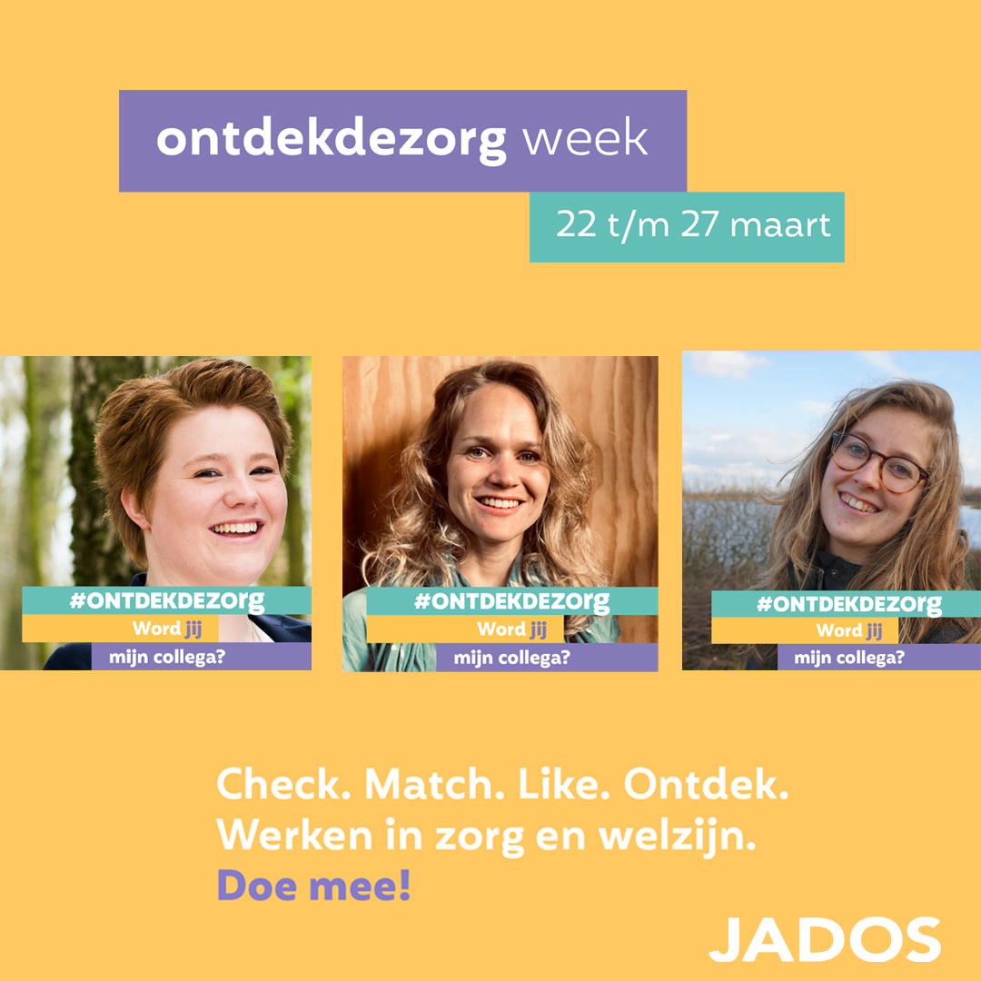 Ook Jados doet mee met de 'Ontdek de Zorg Week'. Omdat we gevestigd zijn door het hele land zitten we misschien ook wel bij jou in de buurt. Zien we je online?

Bekijk het hier: ontdekdezorgweek.nl/match/

#ontdekdezorg #jados #werkeninzorgenwelzijn