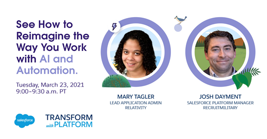 RecruitMilitary's tweet image. We&apos;re excited to hear how @RecruitMilitary&apos;s own Josh Dayment -  along with Mary Tagler from @RelativityHQ -  will #transformwithplatform with @salesforce on March 23, 2021!

Register today: salesforce.com/form/event/tra….