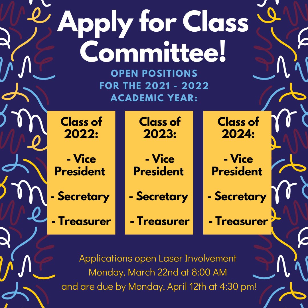 LU_activities's tweet photo. Apply for class committee for your class for the 2021-2022 academic year! Applications on Laser Involvement are open and are due by Monday, April 12th at 4:30pm! https://t.co/VLYjawoKZ9