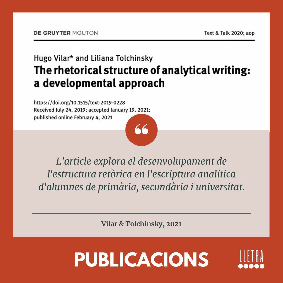 LletraSgr's tweet photo. 🆕! Heu llegit aquesta publicació acabada de sortir del forn d'@HugoVilarW &amp; Tolchinsky? Què sabeu de l'escriptura analítica i el seu desenvolupament? Si voleu resposta a aquestes preguntes, aquest és el vostre article! ⁠🧑‍🏫✏️

https://t.co/f1e3vEX6Zi

#writingresearch #educació https://t.co/QsXc7nhhXb