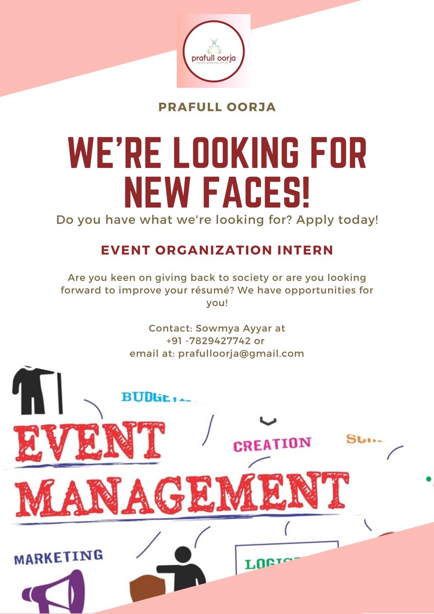 prafulloorja's tweet photo. We are pleased to let you know that we have openings for interns at Prafull Oorja! If you are interested in any of the following positions, APPLY NOW! 

To apply, contact Sowmya Ayyar at +91 - 7829427742 or send an email or prafulloorja@gmail.com https://t.co/a8ypFgfdH2