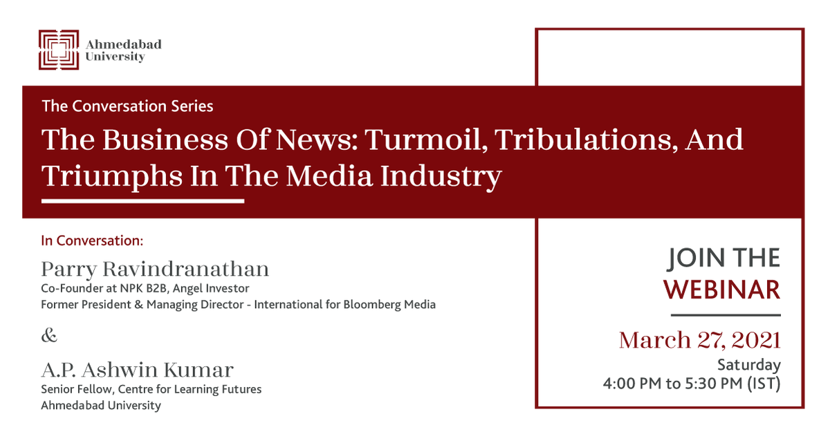 At the next session of The #ConversationSeries, the focus will be on ‘The Business Of News: Turmoil, Tribulations, And Triumphs In The #MediaIndustry’. The webinar will be held on March 27, 2021. Register: bit.ly/393UYwI #Journalism #InformationCredibility #MediaBusiness