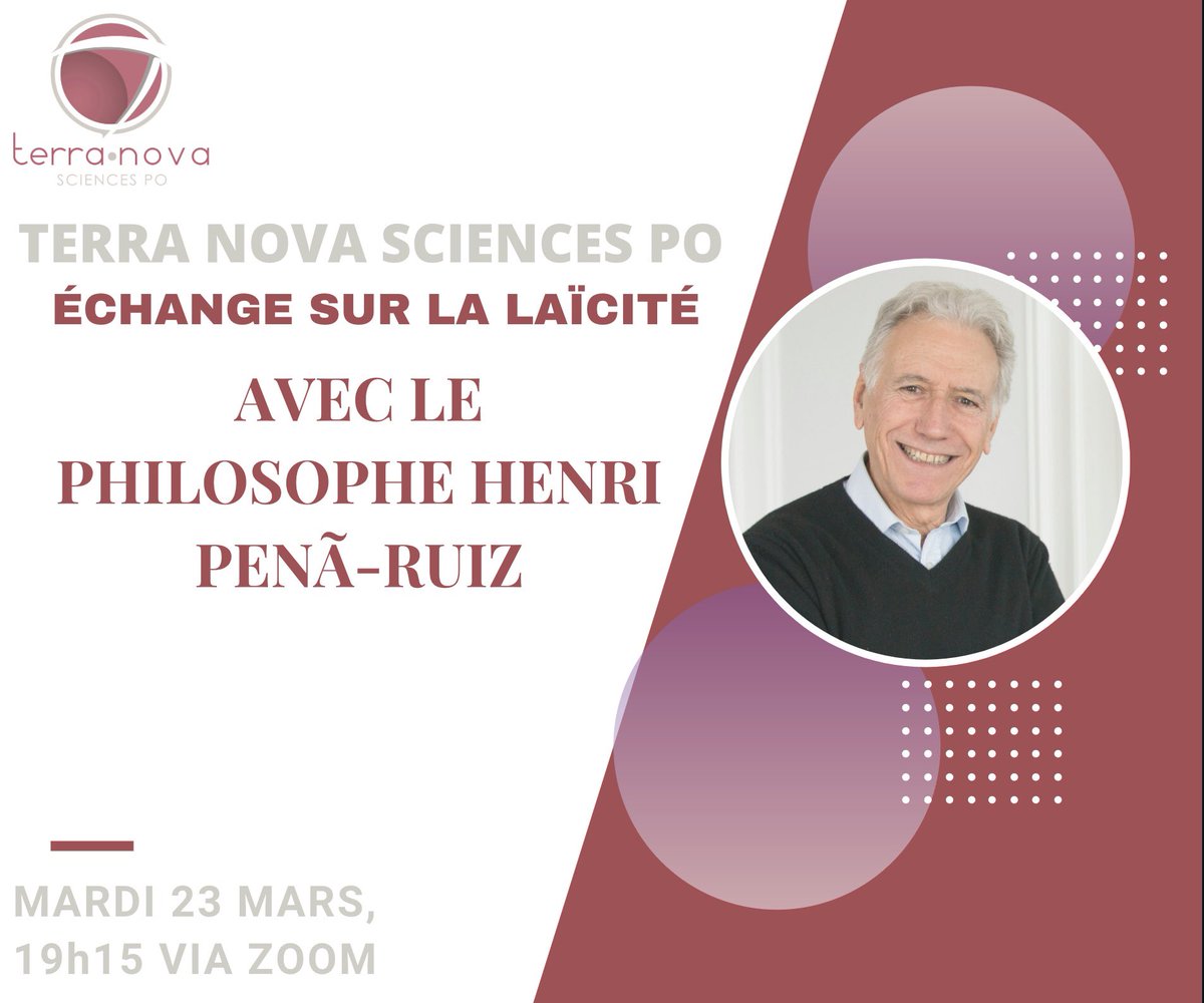 Mardi 23 mars à 19h15, nous recevons le philosophe <a href="/HenriPenaRuiz/">Henri Pena-Ruiz</a> pour une conférence sur la laïcité. On vous attend nombreux !
Lien d’inscription : docs.google.com/forms/d/e/1FAI…