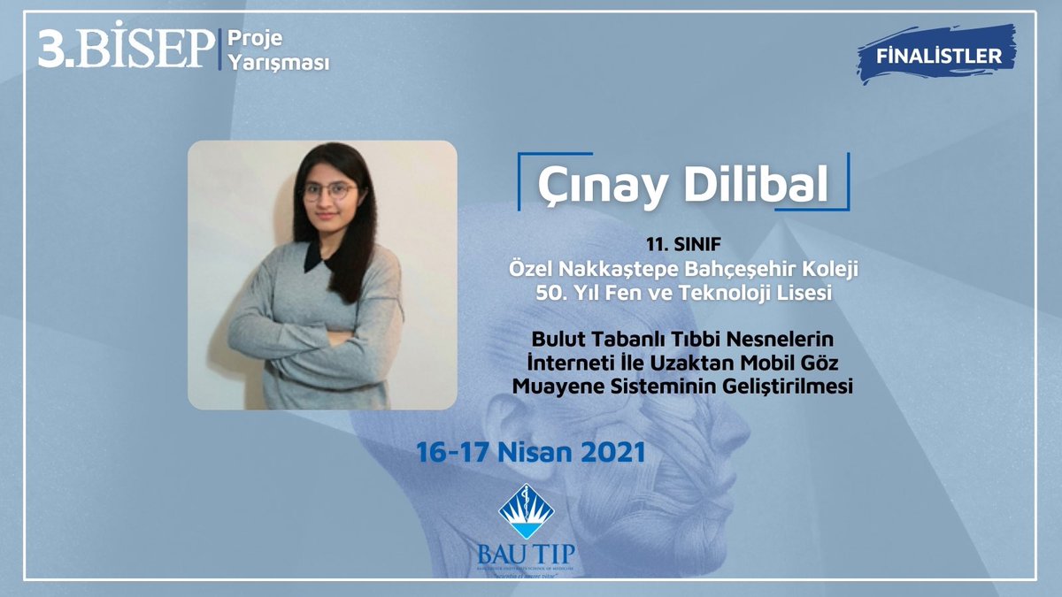 BisepProje's tweet photo. BİSEP Proje Yarışması’nın finalistleri belli oldu! 

Çalışmasını 16-17 Nisan 2021 tarihlerindeki BİSEP Proje Yarışması’nda jüri üyeleri ve izleyiciler karşısında sunacak olan Özel Nakkaştepe Bahçeşehir Koleji 50. Yıl Fen ve Teknoloji Lisesi'nden Çınay Dilibal'ı tebrik ediyoruz. https://t.co/7YZCfO5M4f