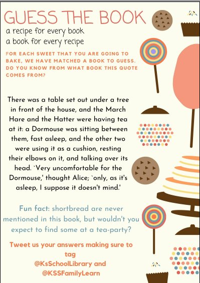 Knightswood School Library (@ksschoollibrary) on Twitter photo Here's another 'Books and Cooks' activity to try!🥳
The book behind this quote can be your reading, while waiting for your shortbread to be ready!
🍪📚
<a href="/KnightswoodSec/">KSS</a> <a href="/KSSFamilyLearn/">KSSFamilyLearning</a> <a href="/FoodKss/">KSSFoodTech</a> @WeronikaFare Here's another 'Books and Cooks' activity to try!🥳
The book behind this quote can be your reading, while waiting for your shortbread to be ready!
🍪📚
<a href="/KnightswoodSec/">KSS</a> <a href="/KSSFamilyLearn/">KSSFamilyLearning</a> <a href="/FoodKss/">KSSFoodTech</a> @WeronikaFare