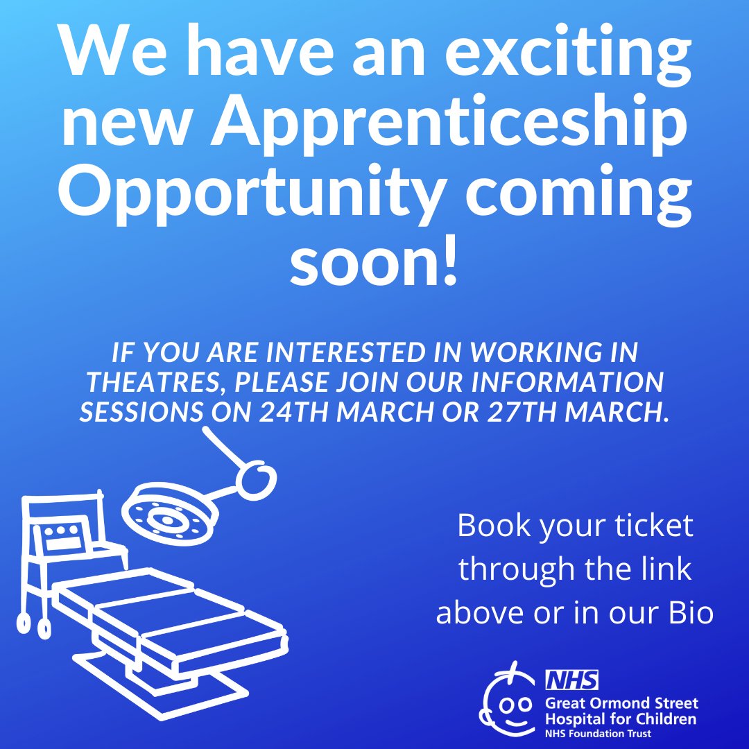 Gosh_Nursing's tweet photo. Our @GoshOps_Images directorate have an amazing apprenticeship opportunity coming soon. If you are interested, why not book your place at one of their information session!

@Ivonao @ciaramarykate @GOSHLearnAcad @GreatOrmondSt https://t.co/6XWosk5S54
