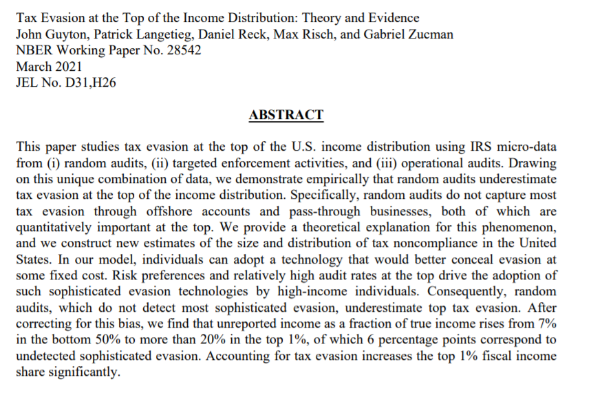 aidthoughts's tweet photo. Everyone is talking about this great new paper that pins down estimates of tax evasion by the rich in the US

But we aren't talking about the fact that it is a result of collaboration between academics and the IRS

We need more of that, but also in the space of money laundering https://t.co/MamhvRQTDE