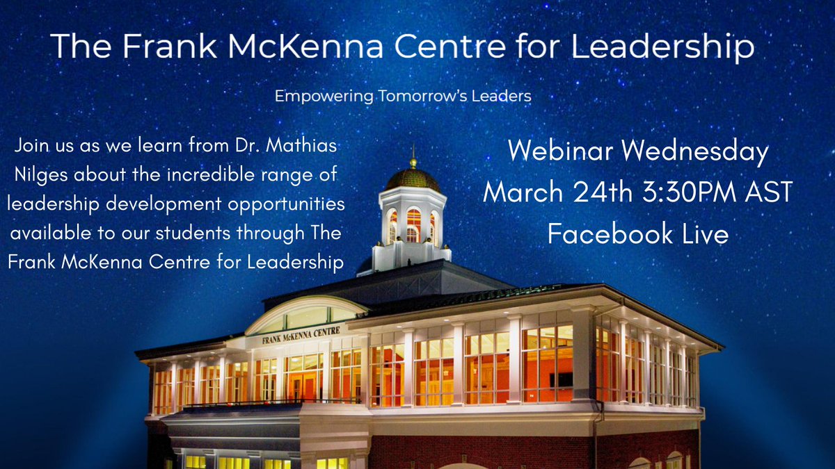 StFXHeather's tweet photo. Join @StFXGreg &amp; @StFXLucas this Wednesday at 3:30pm AST on the @stfxuniversity Facebook page for Webinar Wednesday! Dr. Nilges, Director of the Frank McKenna Centre for Leadership, will discuss the incredible range of leadership development opportunities available to students. https://t.co/0HOiFAJ06O