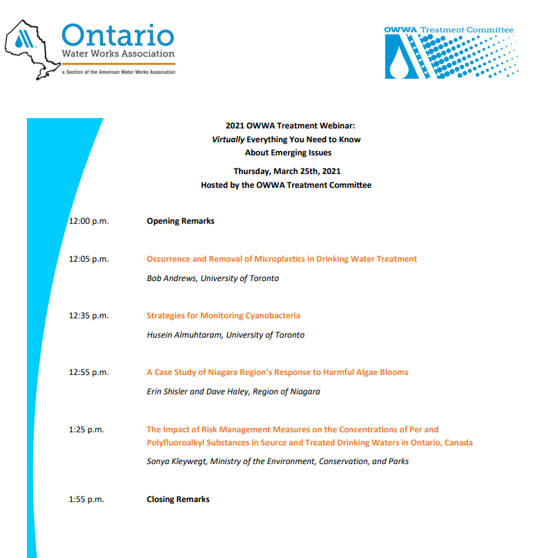 Join us this Thursday March 25th for the OWWA Treatment Webinar Session 2 'Virtually Everything You Need to Know About Emerging Issues'. Register here: owwa.ca/events/index.h… <a href="/OWWA_Treatment/">Treatment Committee</a>