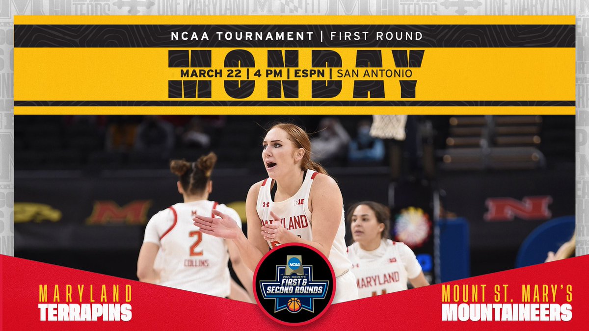 TerpsWBB's tweet photo. It’s an 𝐍𝐂𝐀𝐀 𝐓𝐨𝐮𝐫𝐧𝐚𝐦𝐞𝐧𝐭 🏀 DAY‼️

🆚 Mount St. Mary’s
🕑 4 PM ET
📍 Alamodome  
📺 ESPN
📊 https://t.co/4KMUhp0thS
📃 https://t.co/Ht7Y6uYF6g

#FearTheTurtle x #ncaaw https://t.co/XM0u51AZGc