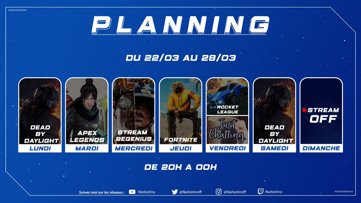Narkotinoff's tweet photo. 📌Planning de la semaine📌

J'ai caler deux jours de dbd puisque sa fais longtemps que je l'ai plus proposer en vrai !

Alors quel jour te plaît le plus ?
🔥✌️ https://t.co/JmYYXHCSUd