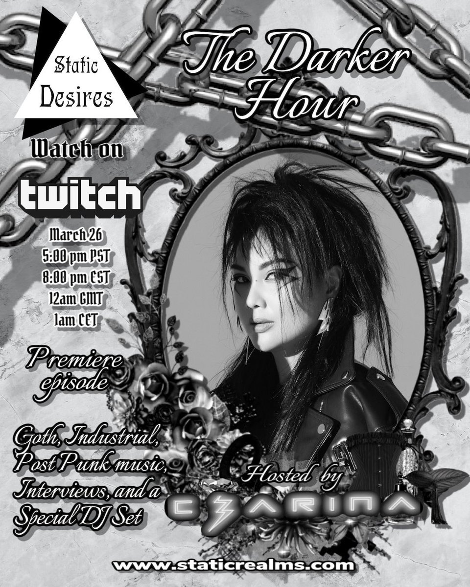 CZARINAnyc's tweet photo. .@staticrealms asked me to co-host, help curate the first episode of their newest show, Static Desires, dedicated to #darkwave #postpunk #goth #ProgressiveSynth #industrial #darkpop #darkelectro with interviews.
Let’s hang!
Fri, Mar 26
5pm PDT
8pm EDT
12am GMT (+1)
1am CET (+1) https://t.co/ABLTAjuXUE