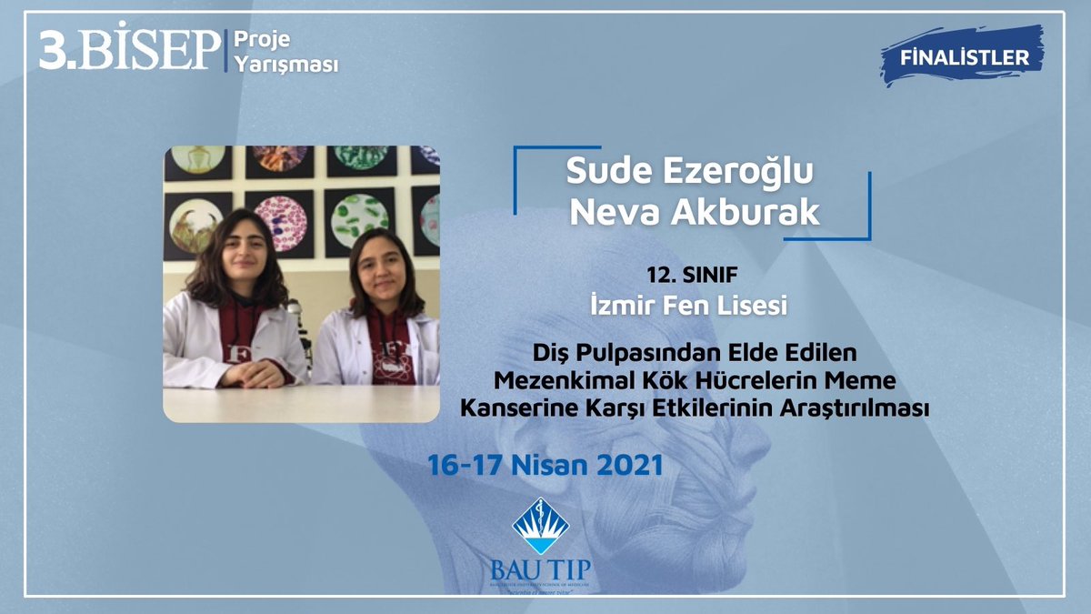 BisepProje's tweet photo. BİSEP Proje Yarışması’nın finalistleri belli oldu! 

Çalışmalarını 16-17 Nisan 2021 tarihlerindeki BİSEP Proje Yarışması’nda jüri üyeleri ve izleyiciler karşısında sunacak olan İzmir Fen Lisesi'nden Sude Ezeroğlu ve Neva Akburak'ı tebrik ediyor ve kendilerine başarılar diliyoruz. https://t.co/xC4P743cue