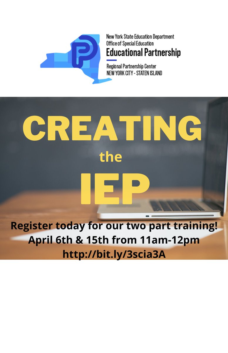Register today to join the Staten Island Regional Partnership Center &amp; FACE Center for Creating the IEP on April 6th &amp; 15th! bit.ly/3scia3A Feel free to share with IEP Teams!
<a href="/INCLUDEnyc/">INCLUDEnyc</a> @SIBOD31