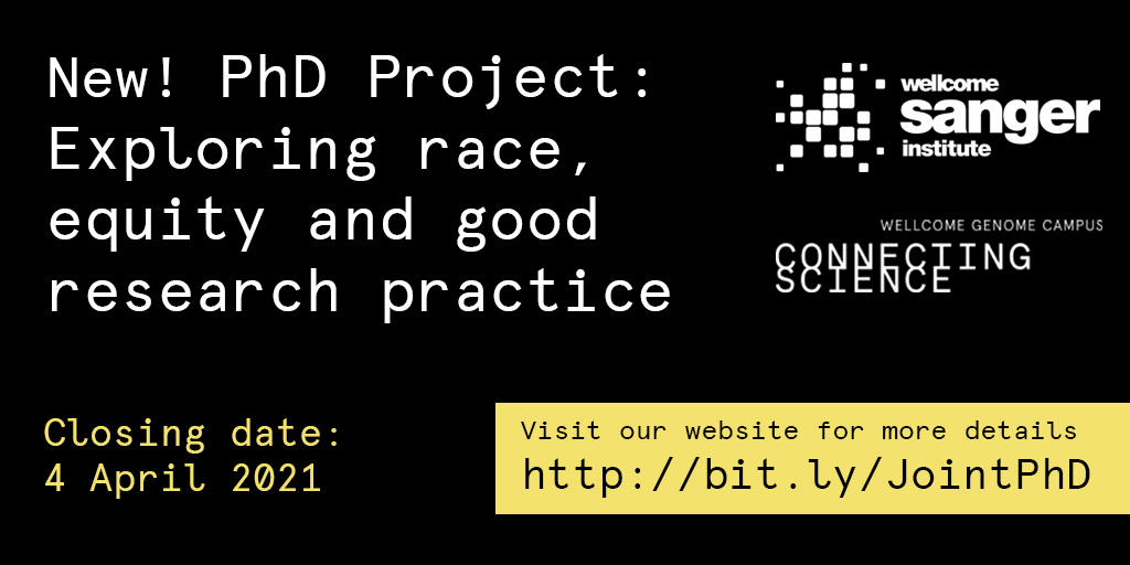 ConnectingSci's tweet photo. A quick reminder our new PhD project with @sangerinstitute is still open for applications - but only for two more weeks! If you're interested in equity, how we talk about ethnicity, and research practice you can find out more here https://t.co/9NgQrJB6Zw https://t.co/etiYKC4gOA