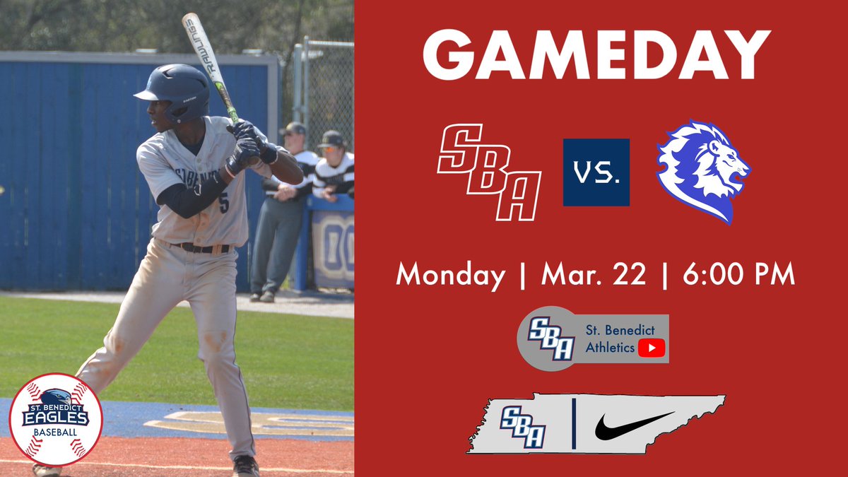 sbabaseball's tweet photo. ⚾️GAMEDAY⚾️

🆚 Harding 
⏰ 6:00 PM
📍 Cordova, TN 
🏟 Eagle Field
📺 St. Benedict Athletics (YouTube) 
https://t.co/QGmyKbNbew https://t.co/zwy8yjxYUS
